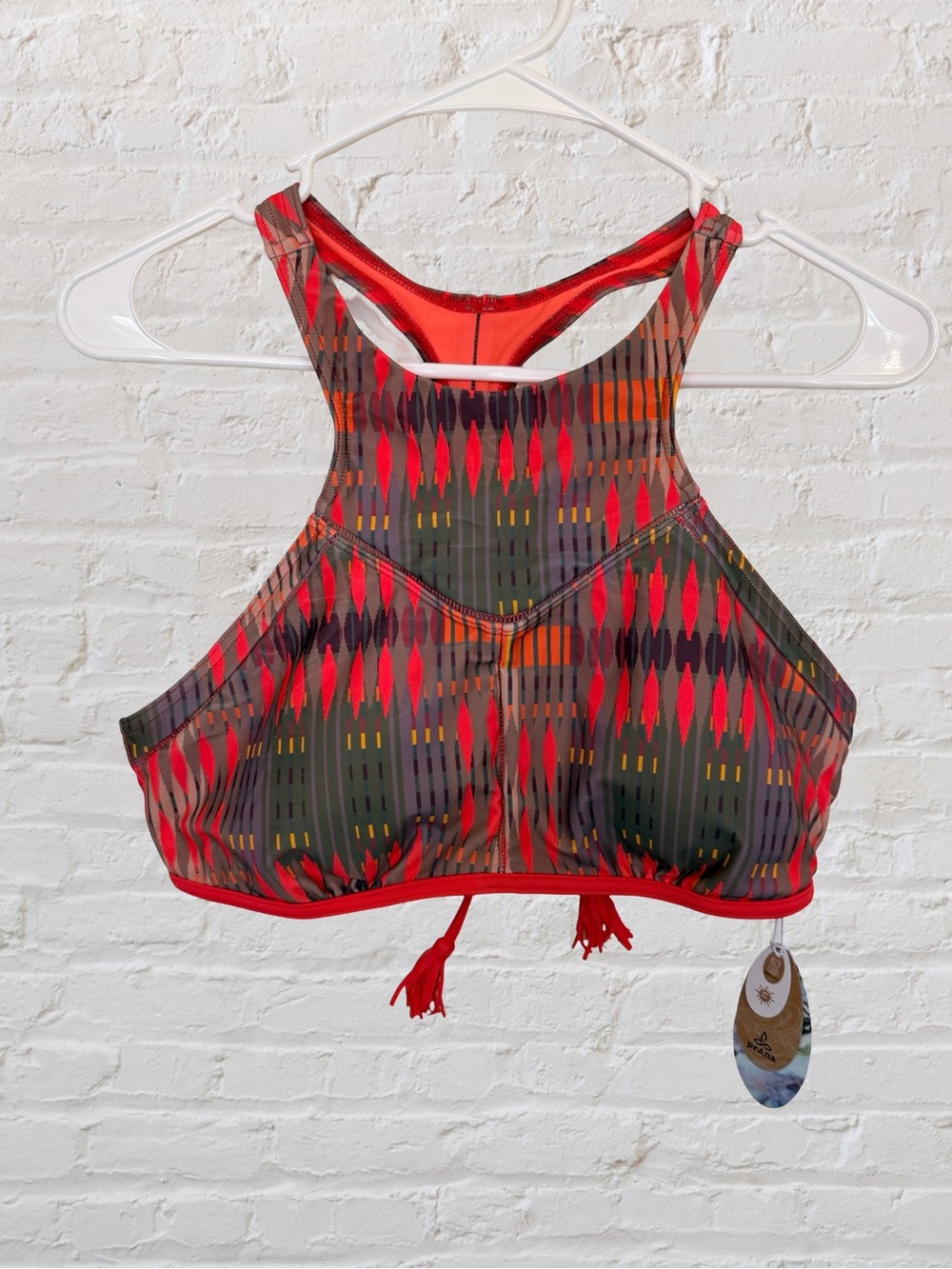 NWT Prana Azra High Neck Racerback Bikini Top Carmine Ikat UPF 50+ Size Large - Picture 2 of 6
